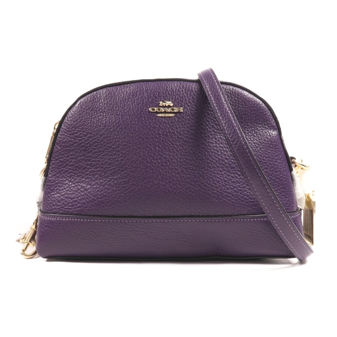 COACH Purple Calfskin Chain Shoulder Bag GHW 1931 F76673: COACH Purple Calfskin Chain Shoulder Bag GHW 1931 F76673 This COACH shoulder bag is crafted from high-quality calfskin leather in a striking purple color. Featuring a chain strap and gold hardware, it