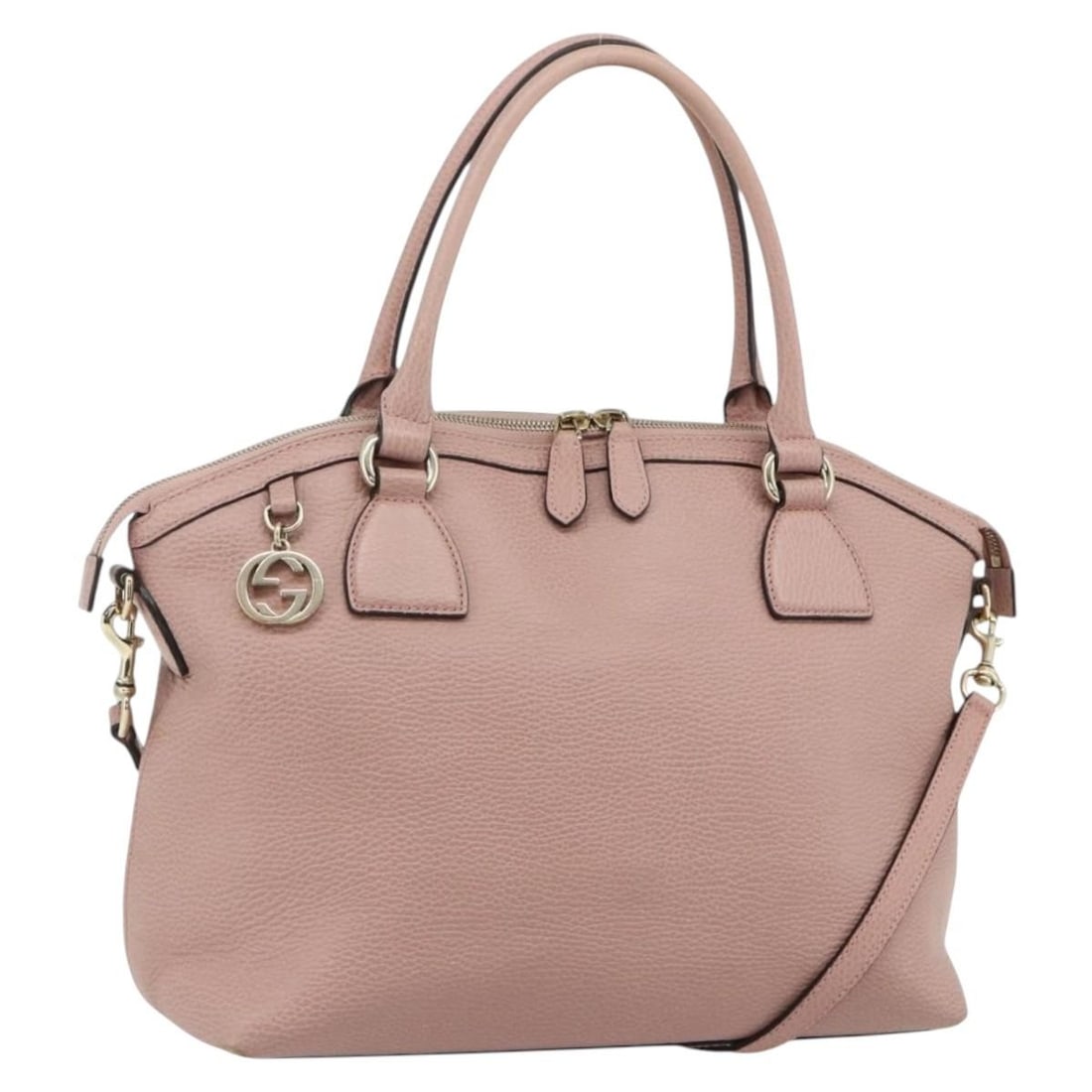 Gucci Pink Gold Leather Interlocking 2way Handbag 449651 with Strap: Gucci Pink Gold Leather Interlocking 2way Handbag 449651 with Strap This GUCCI Interlocking handbag is crafted from leather in a pink and gold color combination. Designed for versatile use, it feature