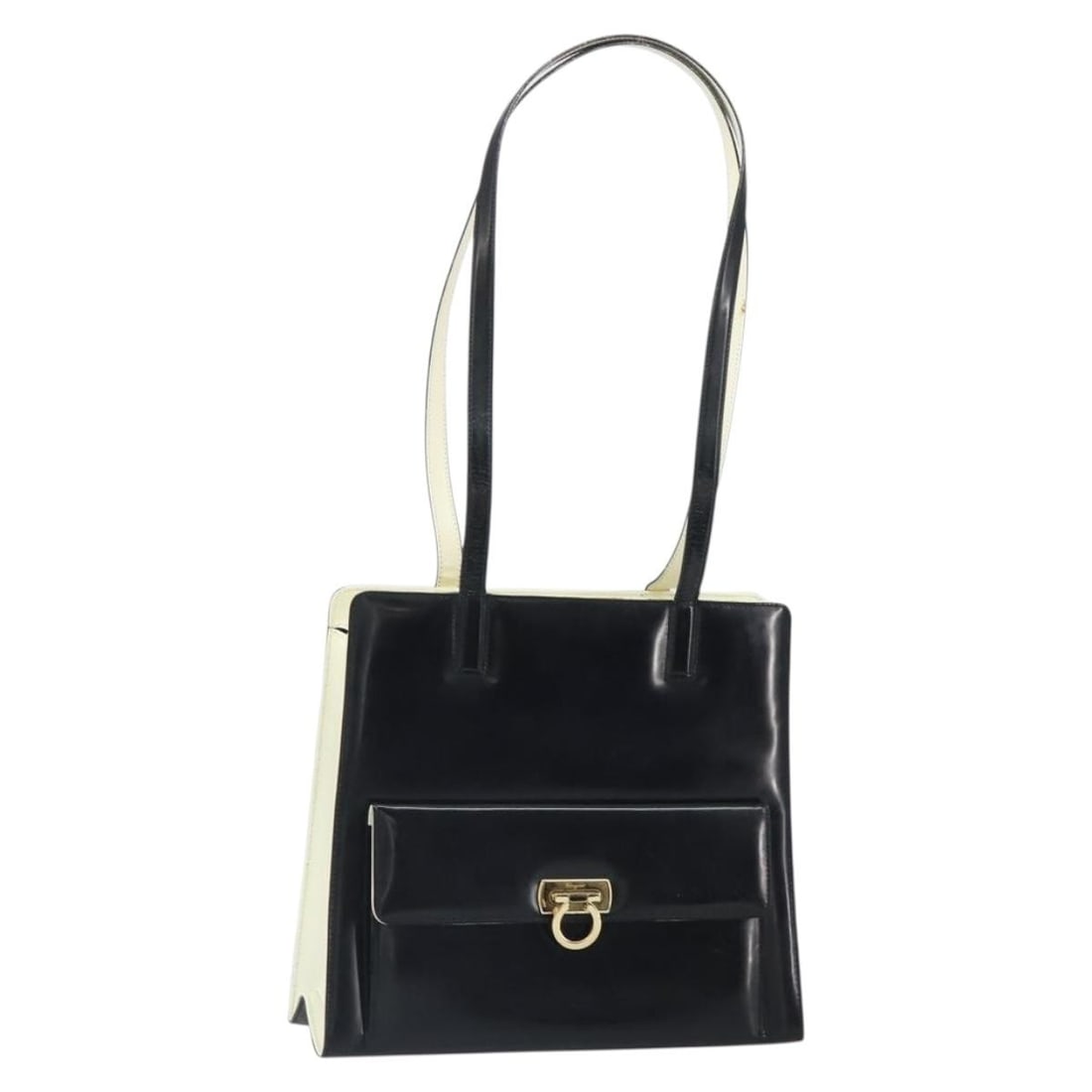 Salvatore Ferragamo Gancini Black Patent Leather Tote Bag Gold Hardware: Salvatore Ferragamo Gancini Black Patent Leather Tote Bag Gold Hardware This Salvatore Ferragamo Gancini tote bag is crafted from patent leather in a striking black and gold color combination. Designe
