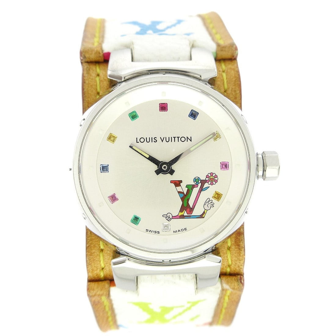 Louis Vuitton Tambour quartz women s wristwatch Takashi Murakami: Louis Vuitton Tambour quartz women s wristwatch Takashi Murakami This Louis Vuitton Tambour Quartz Watch, model Q12130, features a Swiss-made quartz movement and a 24 mm stainless steel case in silver