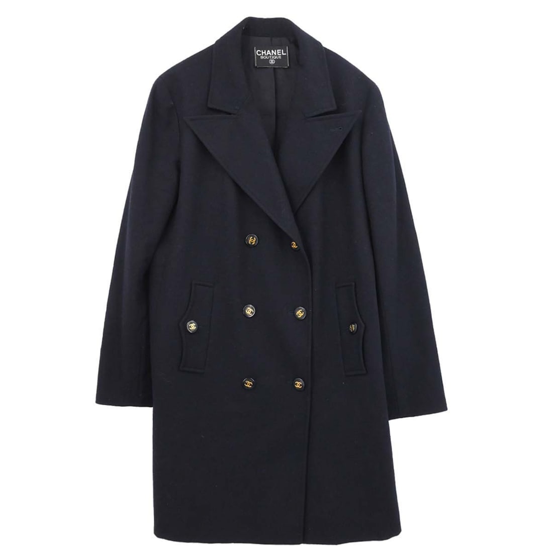 CHANEL black women s long overcoat logo vintage: CHANEL black women s long overcoat logo vintage This vintage Chanel overcoat features a long silhouette in classic black, designed for versatile wear across casual, formal, and party occasions. The co