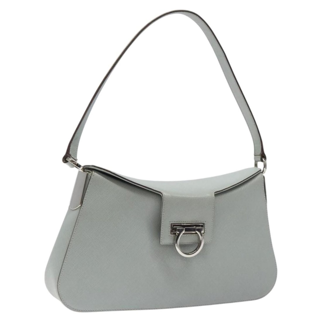 Salvatore Ferragamo Light Blue Silver Leather Gancini Shoulder Bag: Salvatore Ferragamo Light Blue Silver Leather Gancini Shoulder Bag This Salvatore Ferragamo Gancini shoulder bag is crafted from light blue leather with silver-tone accents. Designed for women, it fea