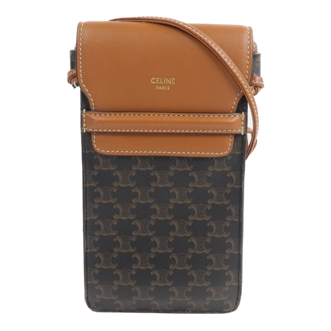 CELINE Triomphe flap phone pouch shoulder bag coated canvas calfskin: CELINE Triomphe flap phone pouch shoulder bag coated canvas calfskin This CELINE Triomphe Phone Pouch with Flap is a stylish shoulder bag crafted from PVC coated canvas with calfskin accents. Featurin