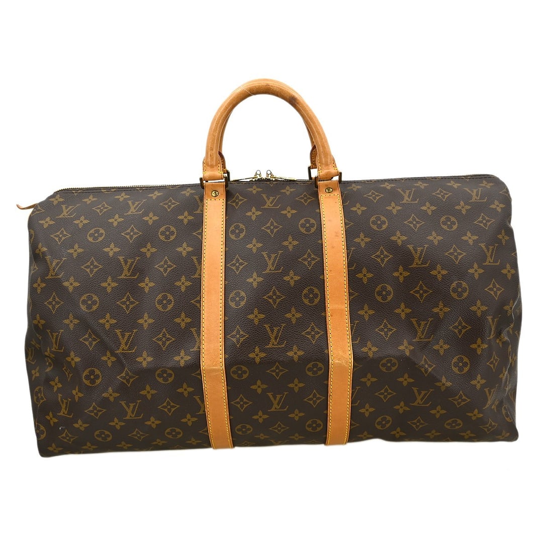 Louis Vuitton Keepall 55 Monogram Duffle Bag: Louis Vuitton Keepall 55 Monogram Duffle Bag This Louis Vuitton Keepall 55 travel handbag features the iconic monogram canvas and leather exterior, designed in a classic duffle style. It is extra larg