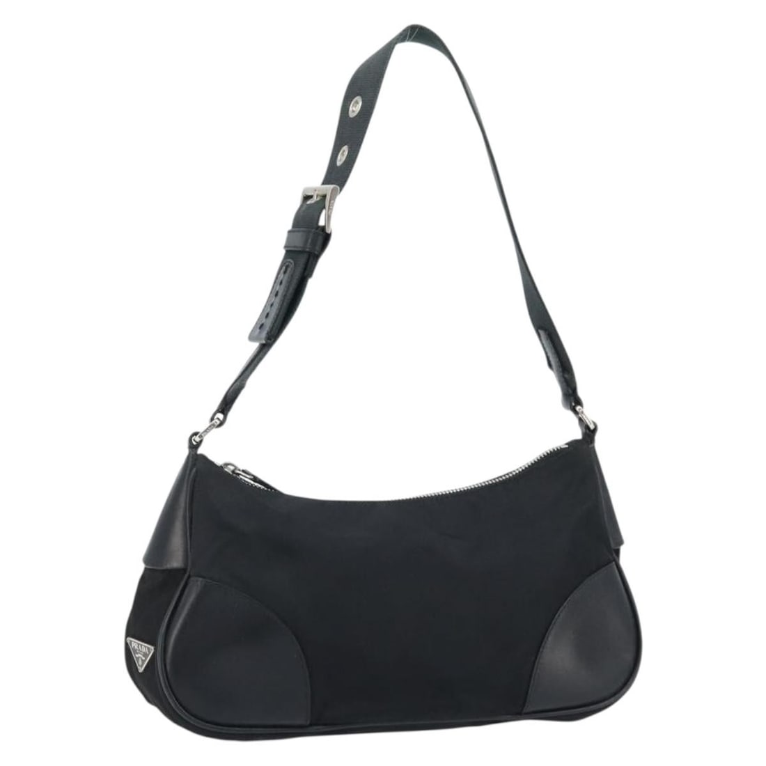 Prada Black Nylon Shoulder Bag with Silver Accents Made in Italy: Prada Black Nylon Shoulder Bag with Silver Accents Made in Italy This PRADA shoulder bag features a black nylon exterior accented with silver-tone details, designed for women. Made in Italy, the bag o
