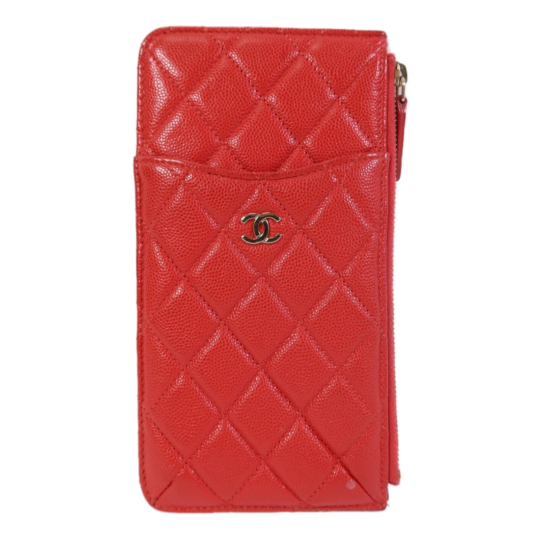 Chanel Red Caviar Leather Phone Wallet with CC Logo and Gold Hardware: Chanel Red Caviar Leather Phone Wallet with CC Logo and Gold Hardware This CHANEL phone case is crafted from luxurious red caviar calfskin leather. Featuring the iconic CC detail, its design offers bo