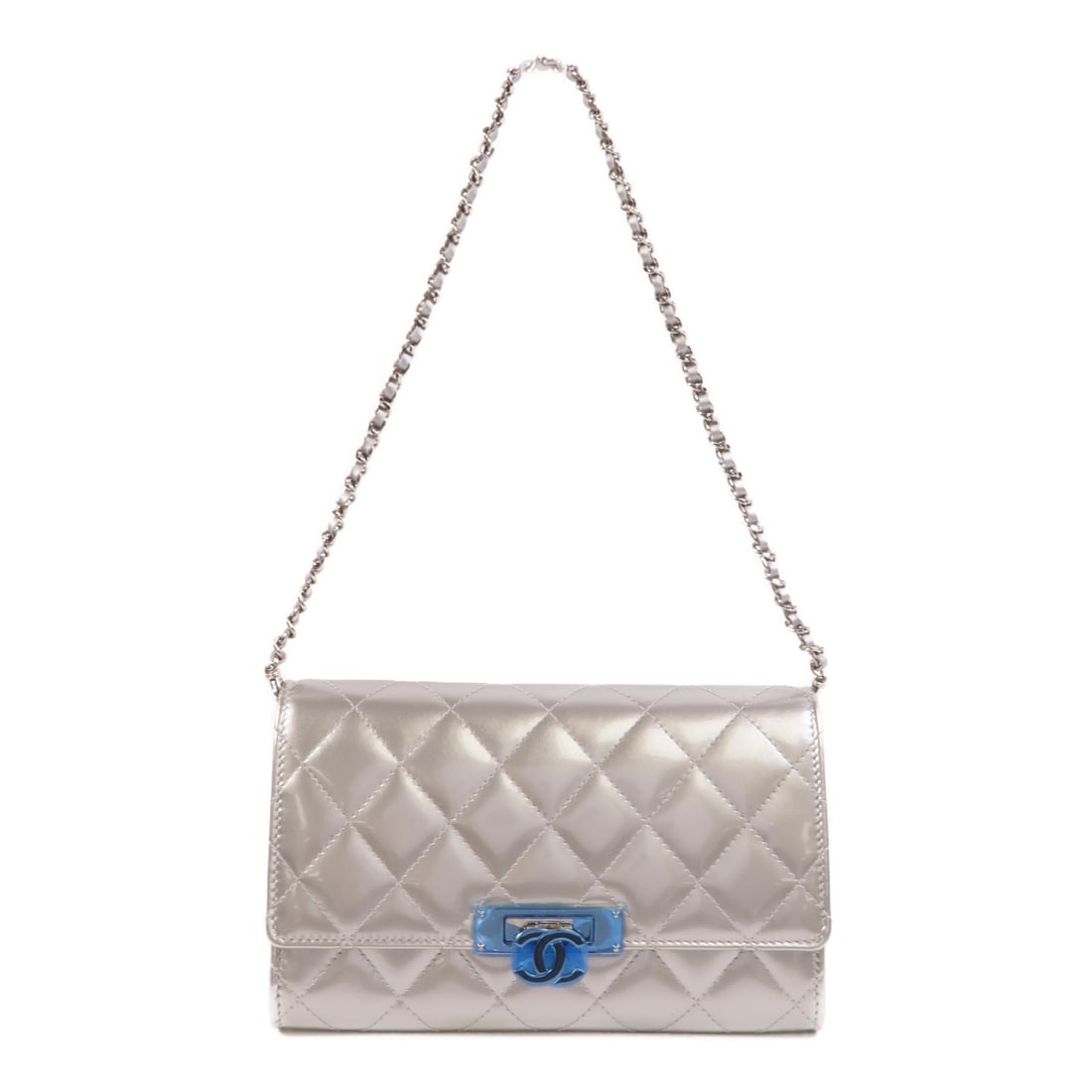 CHANEL Patent Leather Wallet On Chain Silver Shoulder Bag: CHANEL Patent Leather Wallet On Chain Silver Shoulder Bag This CHANEL Wallet On Chain Shoulder Bag is crafted from silver patent leather and features silver-tone hardware. Designed for women, it offer