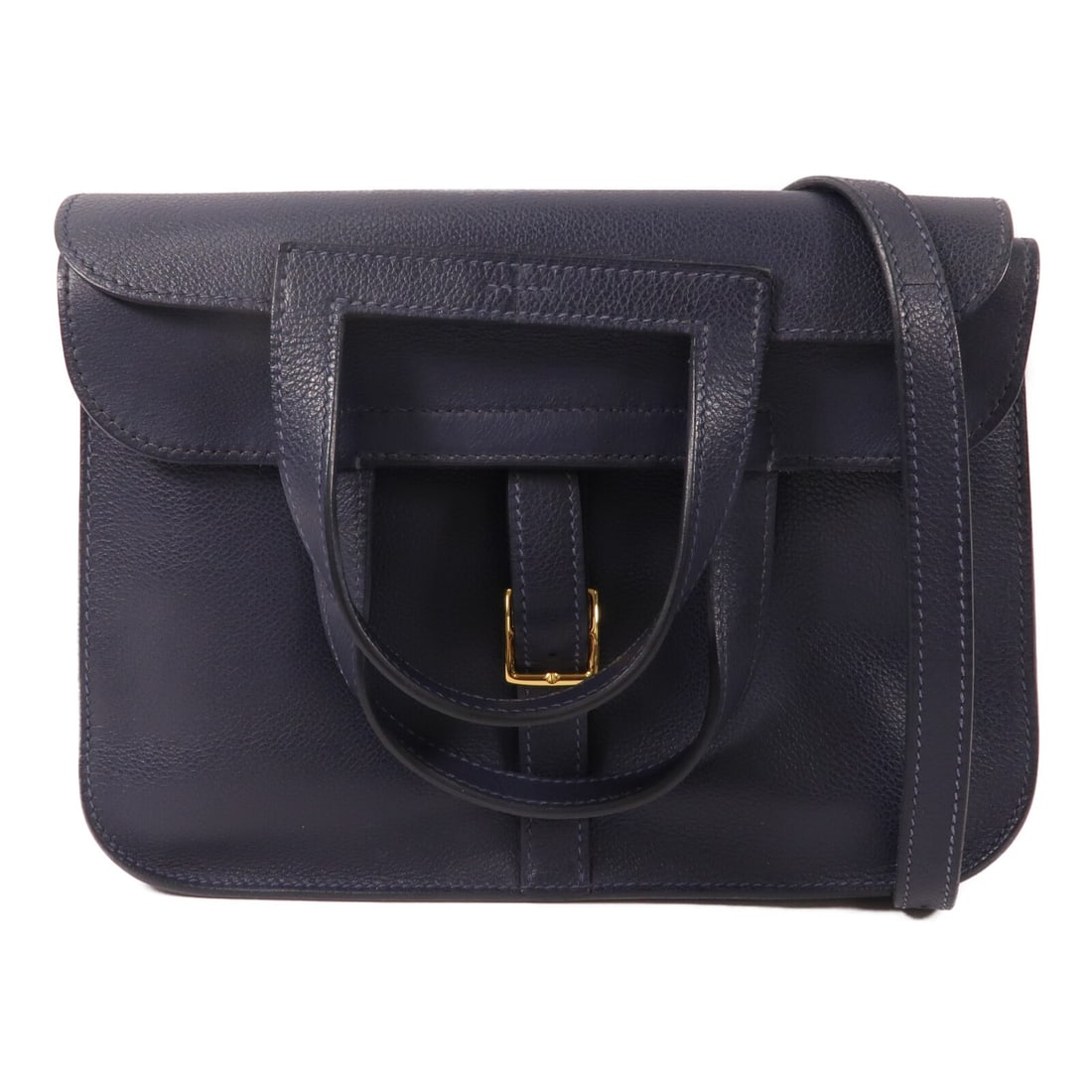 Hermes Halzan 25 Bleu Nuit Evercolor Leather Shoulder Bag GHW: Hermes Halzan 25 Bleu Nuit Evercolor Leather Shoulder Bag GHW This Hermes Halzan 25 is a versatile 2-way shoulder bag crafted from Evercolor calfskin leather in a sophisticated Bleu Nuit (navy) shade.