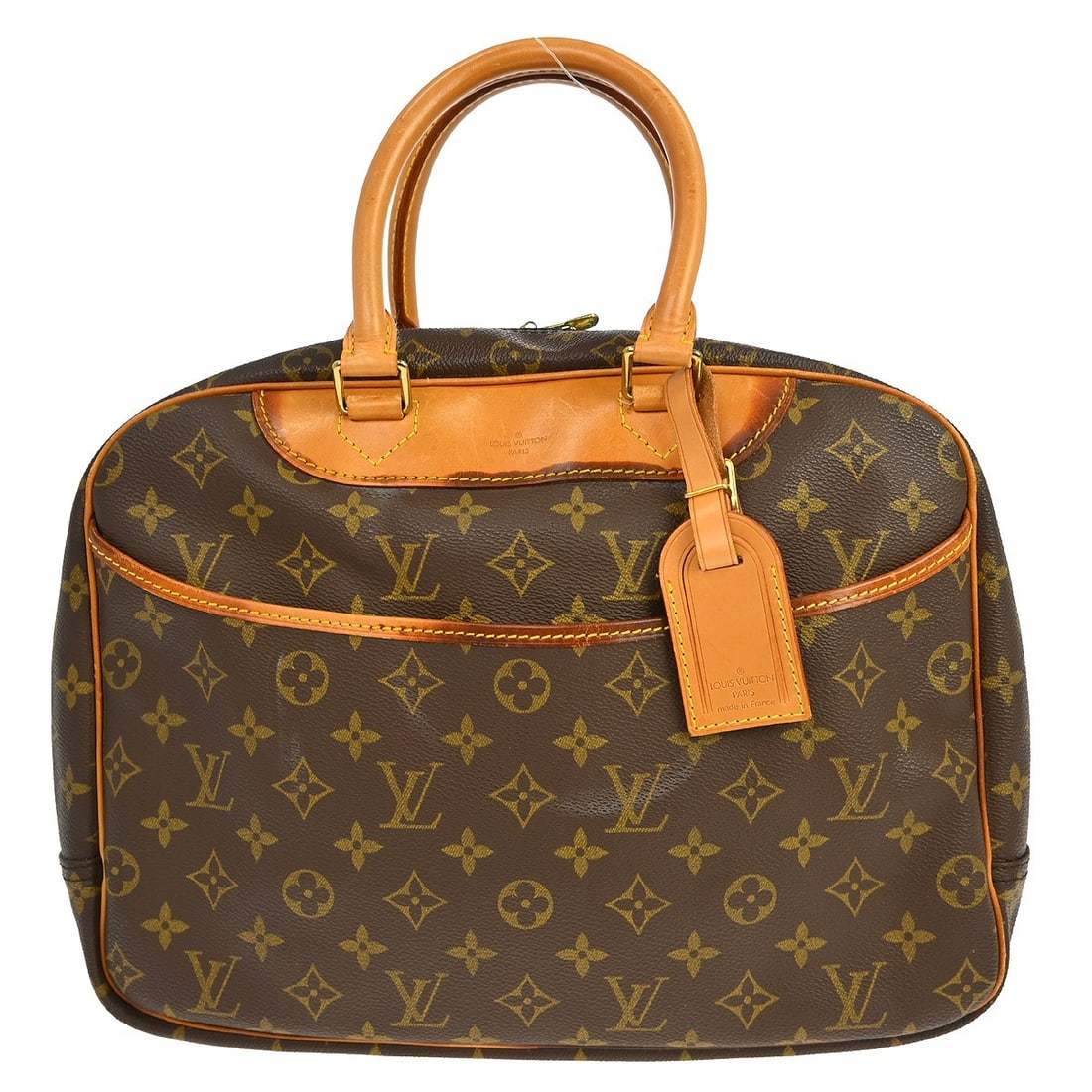 Louis Vuitton Deauville Bowling Vanity Monogram Canvas Handbag: Louis Vuitton Deauville Bowling Vanity Monogram Canvas Handbag This vintage Louis Vuitton Deauville Bowling Vanity handbag features the iconic monogram canvas leather exterior in brown, complemented b