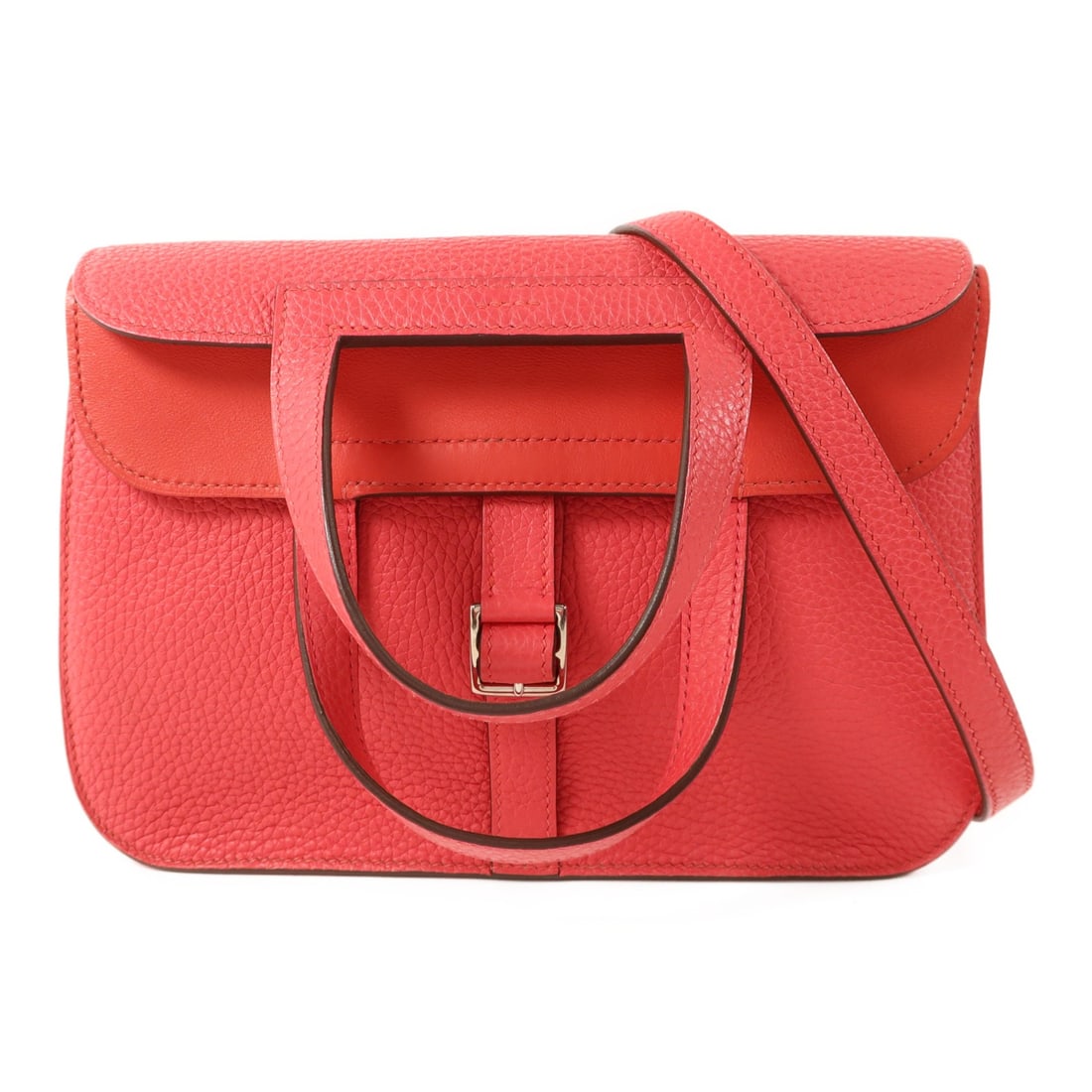 Hermes Halzan 25 Shoulder and Handbag in Pink Clemence Leather with Palladium Hardware: Hermes Halzan 25 Shoulder and Handbag in Pink Clemence Leather with Palladium Hardware This Hermes Halzan 25 is a versatile 2-way shoulder bag crafted from Clemence calfskin leather in a striking rose
