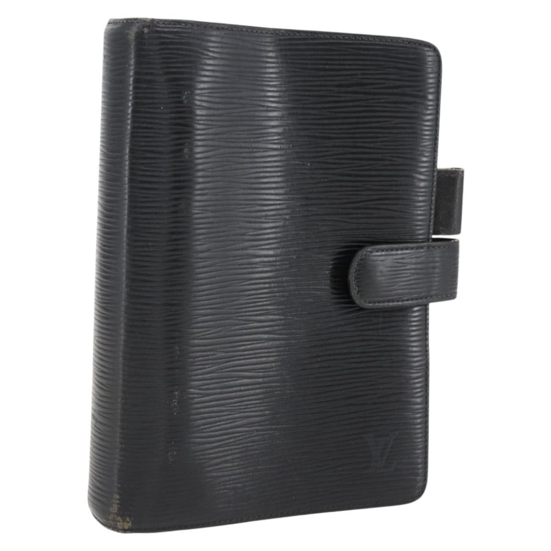 Louis Vuitton Epi Leather MM Day Planner Cover R20042 Black: Louis Vuitton Epi Leather MM Day Planner Cover R20042 Black Louis Vuitton Day Planner Cover crafted from black Epi leather, featuring a compact and functional design. This cover shows signs of heavy u