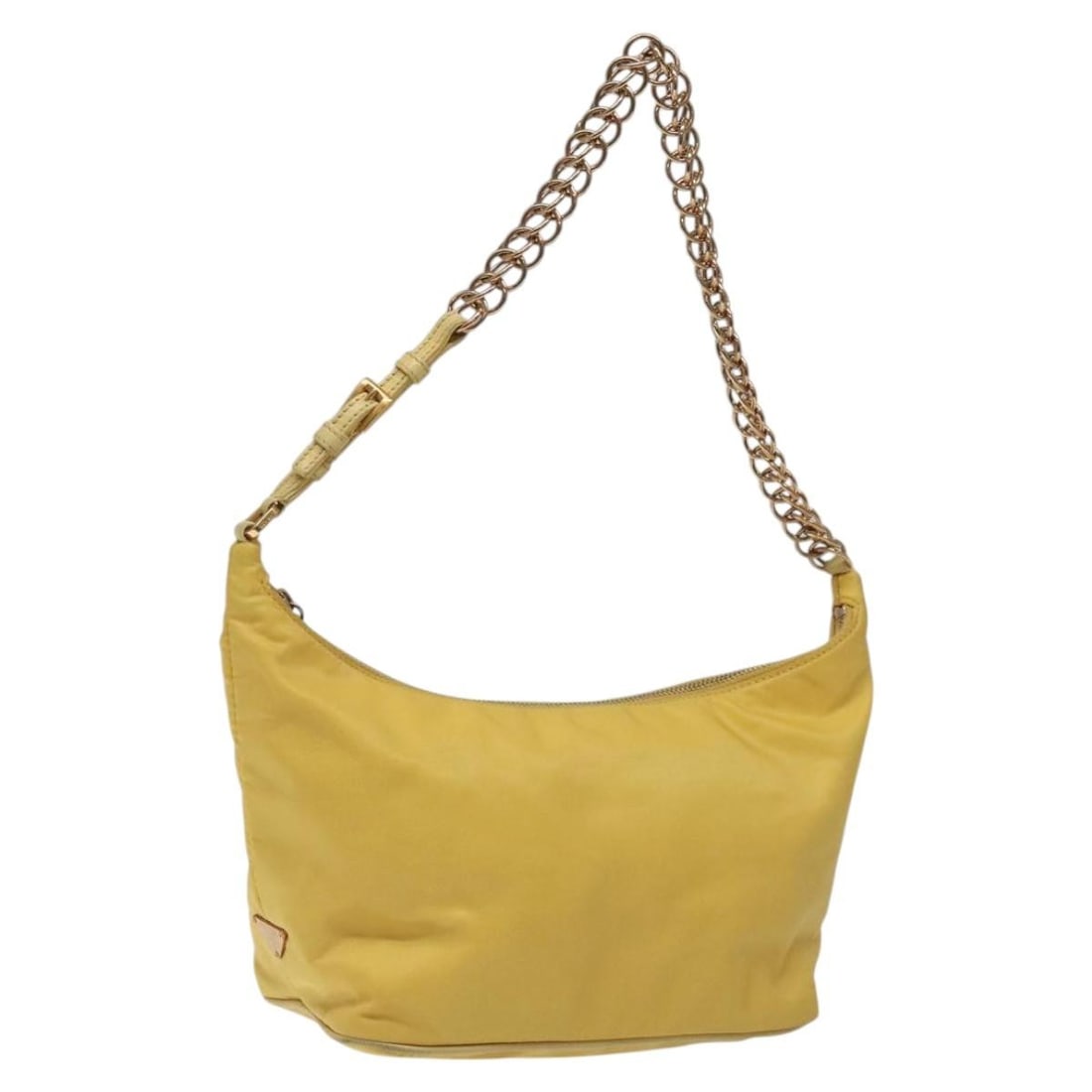 Prada Yellow Nylon Shoulder Bag with Chain Strap and Guarantee Card: Prada Yellow Nylon Shoulder Bag with Chain Strap and Guarantee Card This PRADA chain shoulder bag features a yellow and gold nylon exterior and is designed for women. The bag has an approximate height