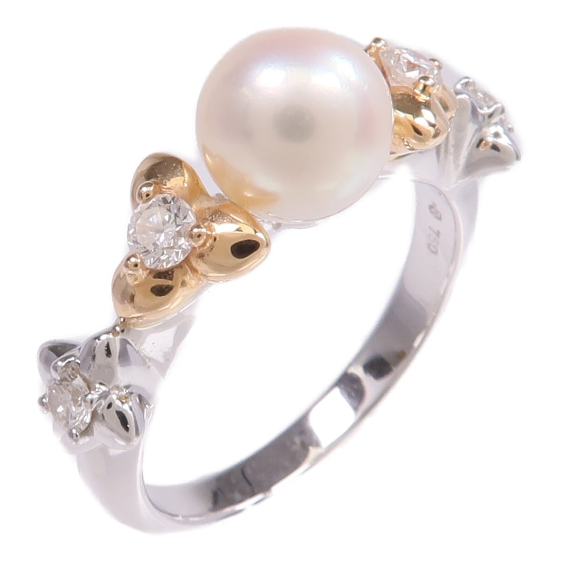 Mikimoto 18K White Gold Ring with Pearl and Diamonds Size 5.5: Mikimoto 18K White Gold Ring with Pearl and Diamonds Size 5.5 This elegant ring by Mikimoto features a lustrous pearl accented with diamonds, set in 18K white gold and pink gold. The ring is crafted i