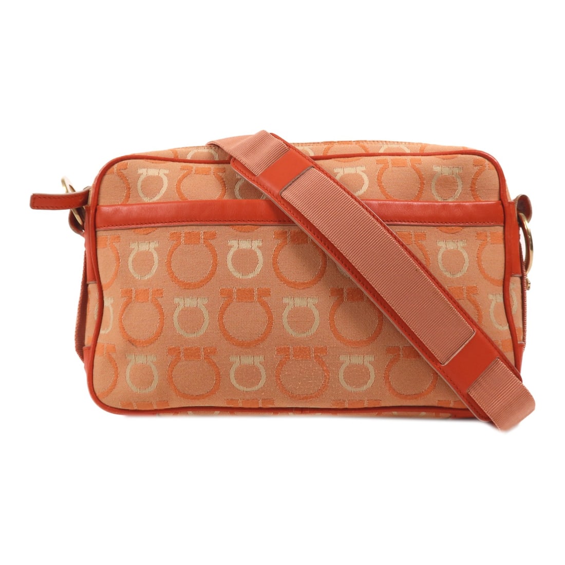 Salvatore Ferragamo Orange Canvas GHW Shoulder Bag AU-21 5381: Salvatore Ferragamo Orange Canvas GHW Shoulder Bag AU-21 5381 This Salvatore Ferragamo shoulder bag features an orange canvas exterior and gold-tone hardware. Designed for women, it is crafted in Ital