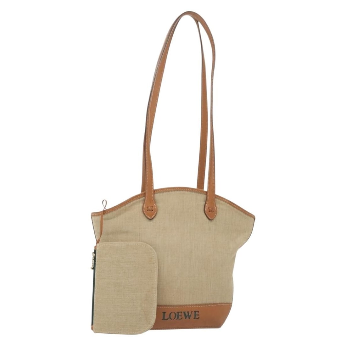 LOEWE Beige Canvas Shoulder Bag with Pouch BA5302: LOEWE Beige Canvas Shoulder Bag with Pouch BA5302 This LOEWE shoulder bag is a stylish and practical accessory crafted from durable canvas in a sophisticated beige hue. Made in Spain, it features a sp
