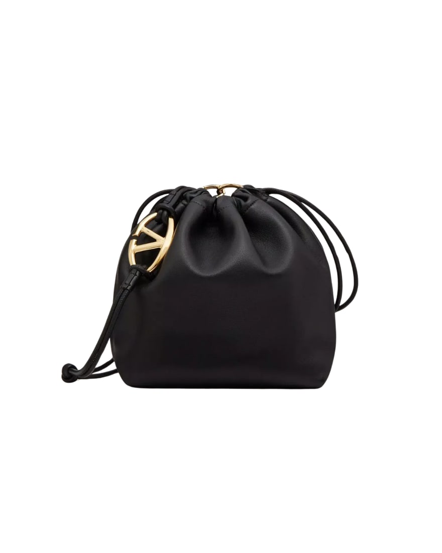 Valentino Garavani VLogo Pouf Black Leather Bucket Shoulder Bag: Valentino Garavani VLogo Pouf Black Leather Bucket Shoulder Bag The Valentino Garavani VLogo Pouf Bucket Bag is crafted from black leather and designed for women. This elegant shoulder bag is made in 