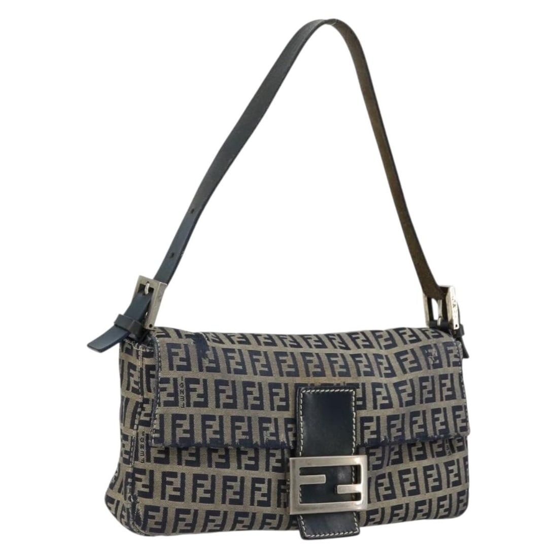 FENDI Mamma Baguette Navy Silver Zucchino Canvas Shoulder Bag: FENDI Mamma Baguette Navy Silver Zucchino Canvas Shoulder Bag This FENDI Mamma Baguette shoulder bag features the iconic Zucchino canvas in navy and silver tones. Designed for women, it offers a compa