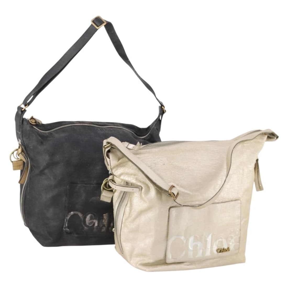Set of 2 Chloe Black and Gold Leather Nylon Shoulder Bags: Set of 2 Chloe Black and Gold Leather Nylon Shoulder Bags This is a women's Chloe shoulder bag set featuring leather and nylon materials in black and gold tones. The set is made in Italy and exhibits 