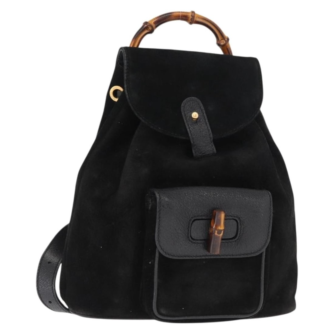GUCCI Bamboo Suede Backpack Black Gold Auth 155693 Italy: GUCCI Bamboo Suede Backpack Black Gold Auth 155693 Italy Elevate your style with this authentic GUCCI Bamboo Backpack, crafted in Italy from luxurious suede material. This chic backpack features a sop