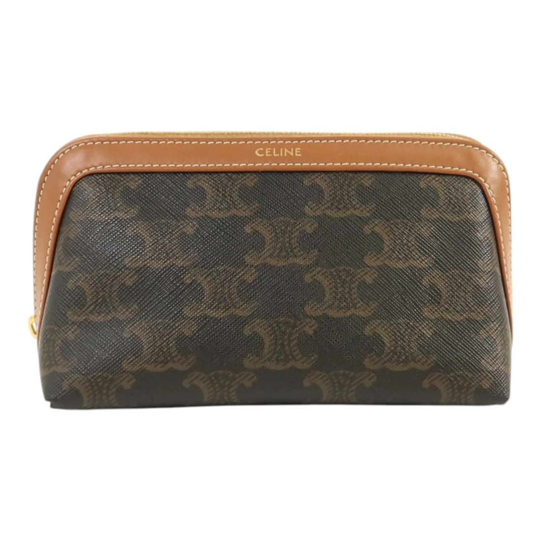 CELINE Trionphe Brown Coated Canvas Pouch Clutch with Gold Hardware: CELINE Trionphe Brown Coated Canvas Pouch Clutch with Gold Hardware This CELINE pouch clutch features a brown Trionphe pattern in PVC coated canvas. Designed for women, it offers a compact and stylish