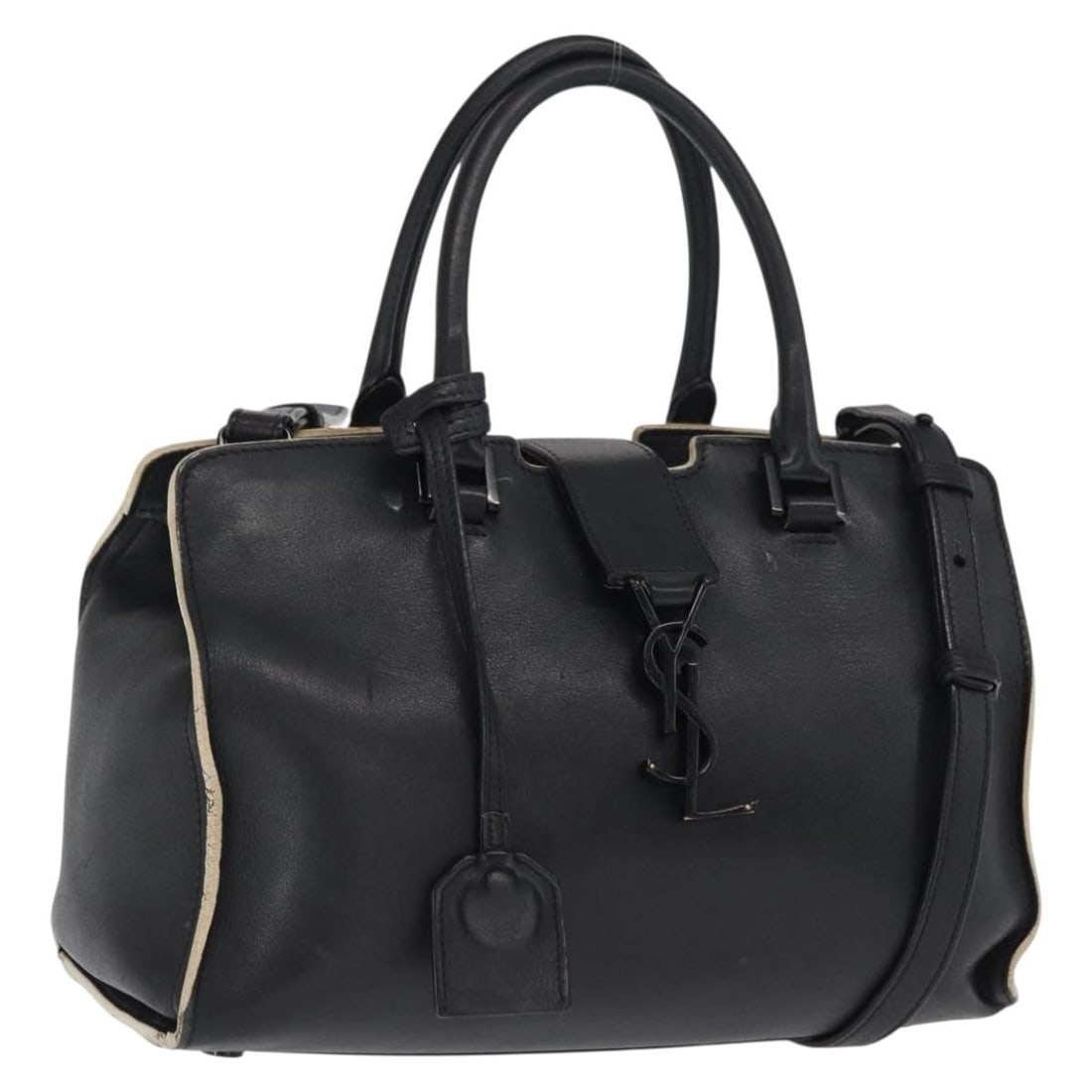 Saint Laurent Baby Kabas Leather Handbag Black 2way Model LTH424868: Saint Laurent Baby Kabas Leather Handbag Black 2way Model LTH424868 This Saint Laurent Baby Kabas handbag features black leather construction with dual carrying options including a shoulder strap and 