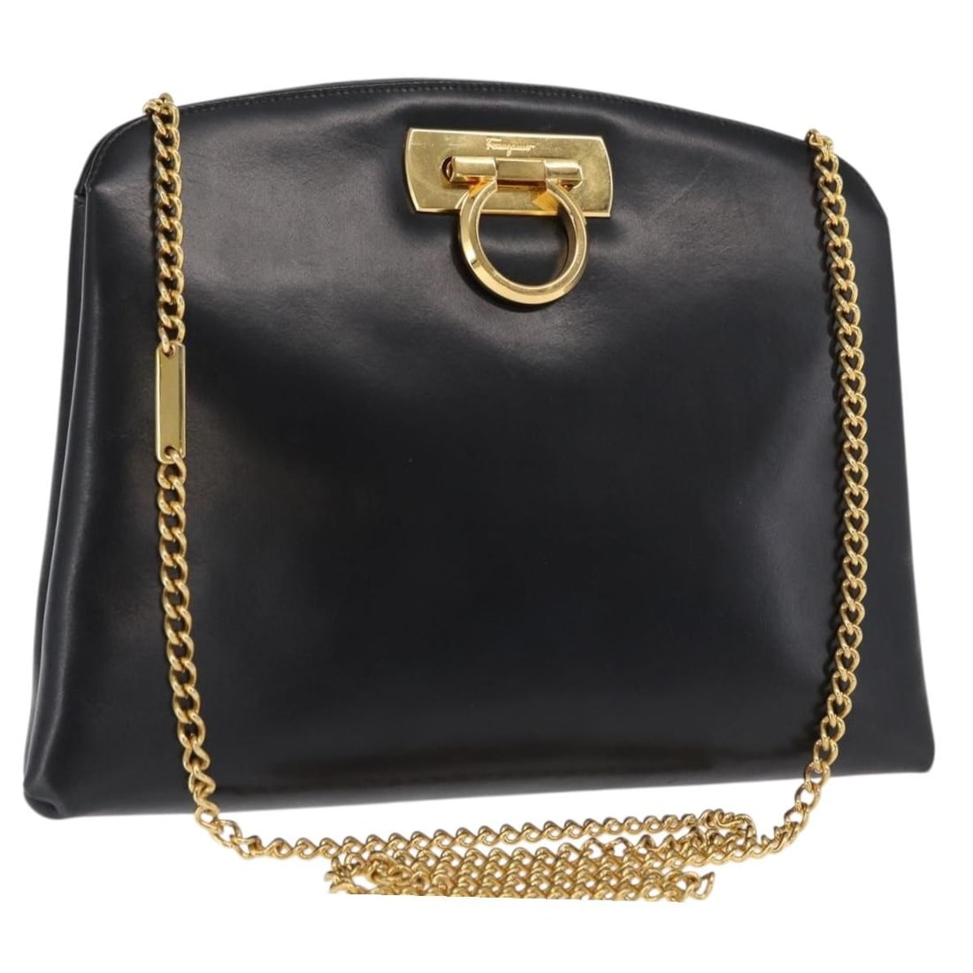 Salvatore Ferragamo Black Leather Gancini Chain Shoulder Bag Gold Hardware: Salvatore Ferragamo Black Leather Gancini Chain Shoulder Bag Gold Hardware This Salvatore Ferragamo Gancini chain shoulder bag is crafted from black leather and features gold-tone accents. The bag is 
