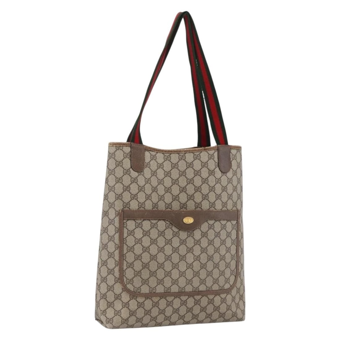 Gucci Beige PVC Tote with GG Supreme and Web Sherry Line 39 02 003: Gucci Beige PVC Tote with GG Supreme and Web Sherry Line 39 02 003 This GUCCI GG Supreme Web Sherry Line tote bag features a beige and gold color scheme with GG canvas and PVC leather exterior. Design