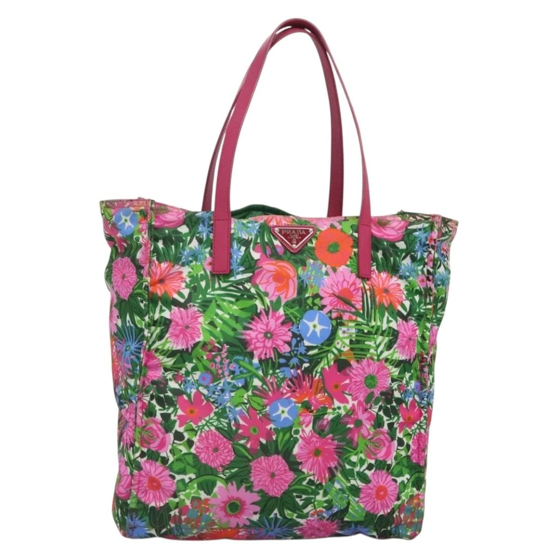 Prada Nylon Vintage Shopping Tote Multicolor 30cm by 13cm: Prada Nylon Vintage Shopping Tote Multicolor 30cm by 13cm This Prada Vintage Shopping Tote for women features a multicolor nylon construction with wood handles. The exterior shows some loss of shape, 