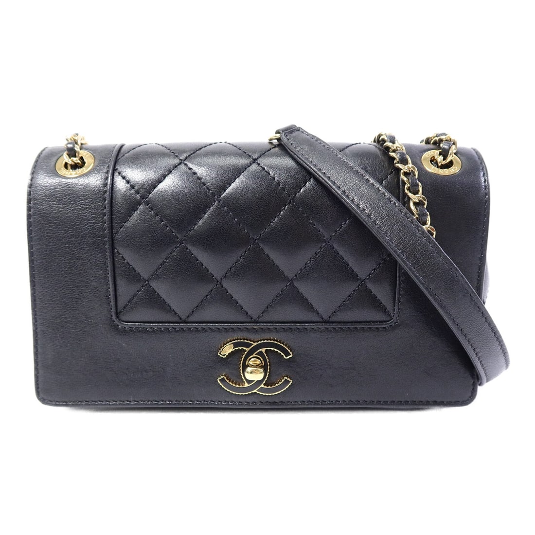 CHANEL black calfskin shoulder bag with chain GHW: CHANEL black calfskin shoulder bag with chain GHW This CHANEL shoulder bag features a classic black calfskin leather exterior and gold-tone chain accents. Designed for women, the bag offers a compact 