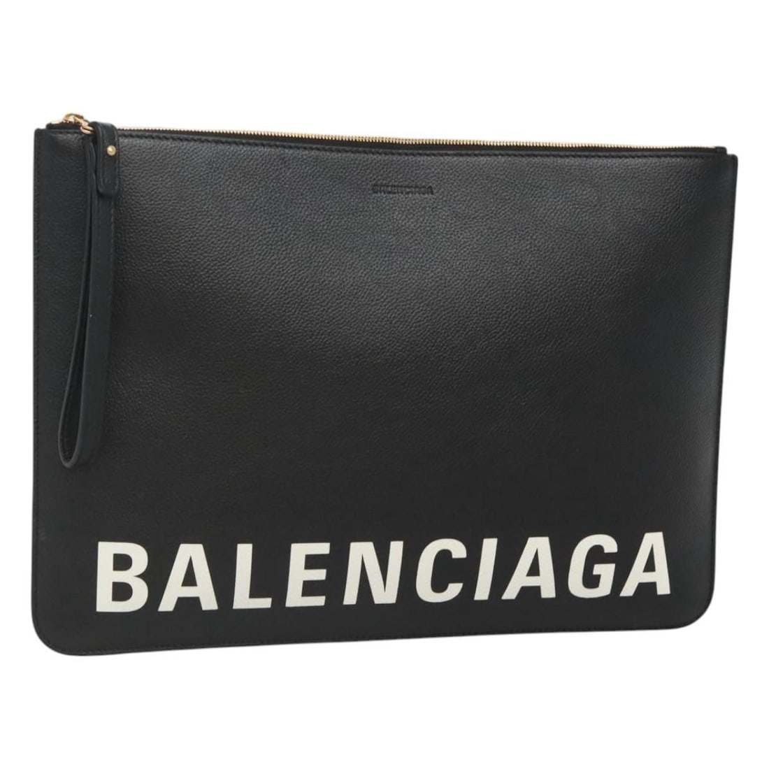 Balenciaga Black Leather Gold Accent Clutch Purse Model 630626: Balenciaga Black Leather Gold Accent Clutch Purse Model 630626 This Balenciaga clutch bag features a black leather exterior with gold accents. Designed for women, it offers a sleek silhouette and spac