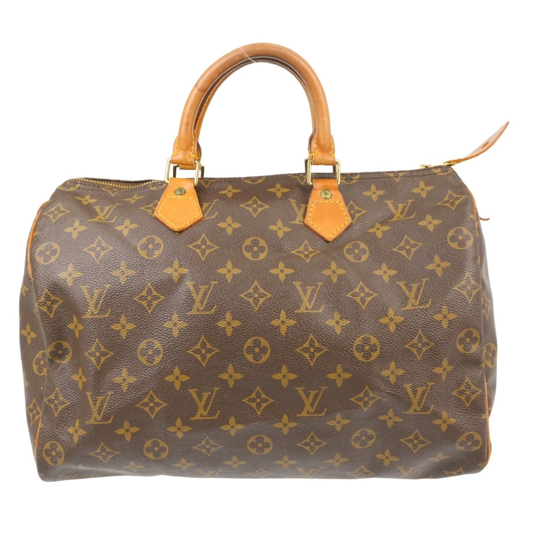 Louis Vuitton Speedy 35 Monogram Brown Leather Satchel: Louis Vuitton Speedy 35 Monogram Brown Leather Satchel This Louis Vuitton Speedy 35 handbag features the iconic Monogram pattern on brown leather, complemented by gold-colored hardware and double leat