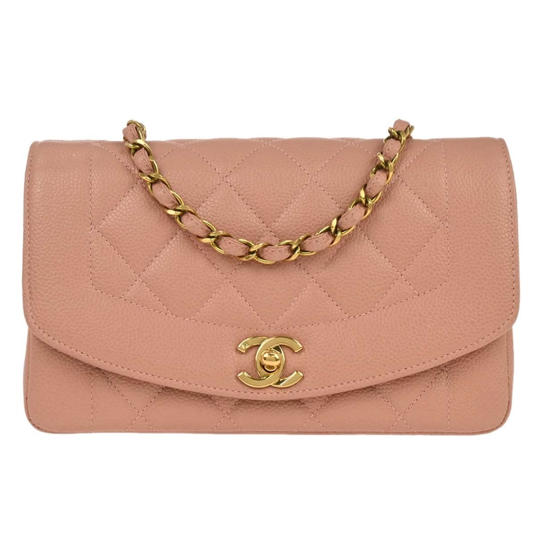 Chanel Pink Diana Small Matelasse Calfskin Shoulder Bag with Chain Strap: Chanel Pink Diana Small Matelasse Calfskin Shoulder Bag with Chain Strap This Chanel Small Diana Shoulder Bag is crafted from pink calfskin leather with a quilted matelasse pattern. It features a flap