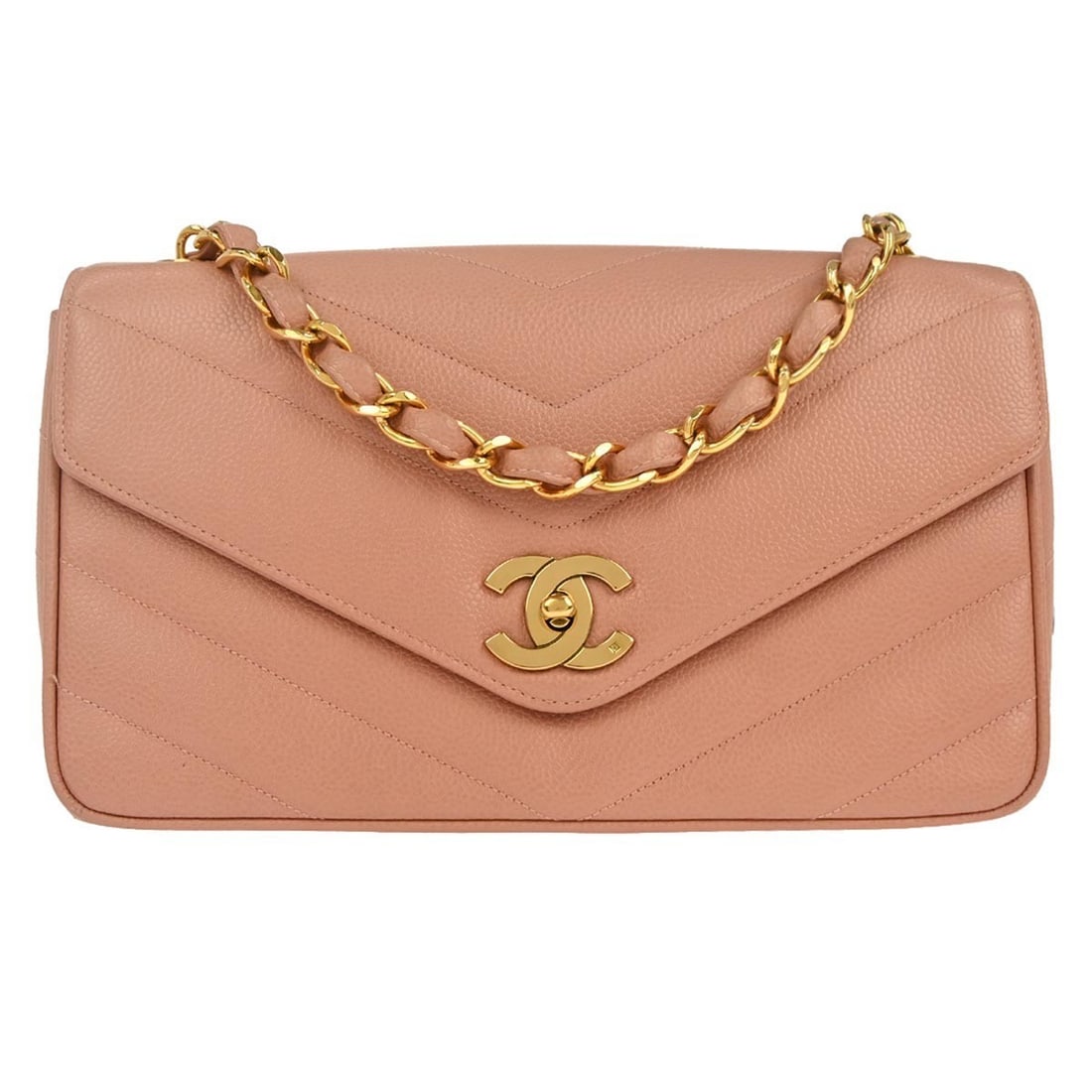 CHANEL Pink Calfskin Chevron Turn Lock Shoulder Bag: CHANEL Pink Calfskin Chevron Turn Lock Shoulder Bag This Chanel shoulder bag features a stylish chevron pattern crafted from pink calfskin leather. Designed with a medium size, it includes a turn lock