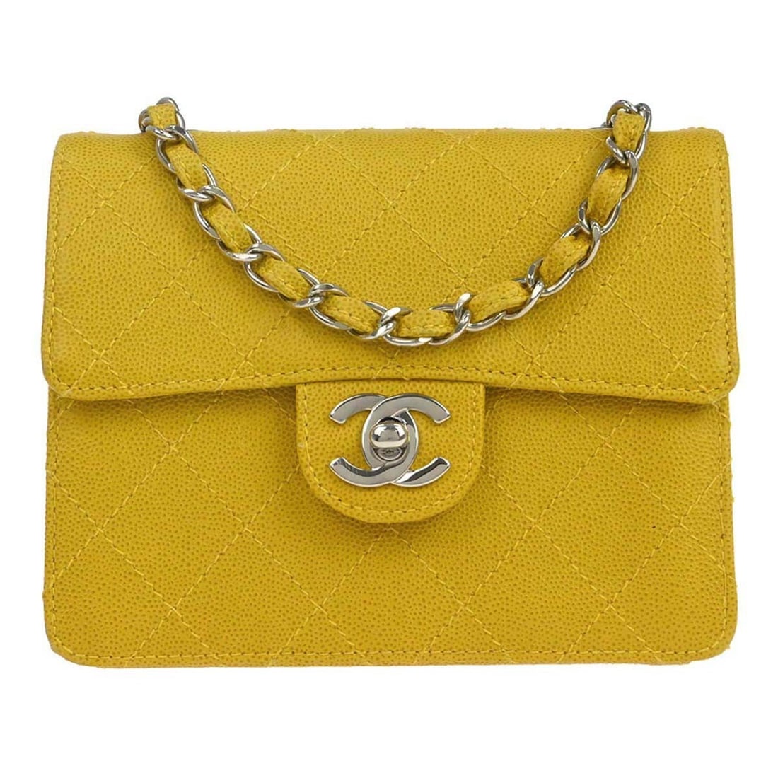 Chanel Classic Single Flap Yellow Caviar Leather Mini Shoulder Bag: Chanel Classic Single Flap Yellow Caviar Leather Mini Shoulder Bag This Chanel Mini Classic Square Flap Shoulder Bag features a vibrant yellow caviar skin leather exterior and a compact, structured si