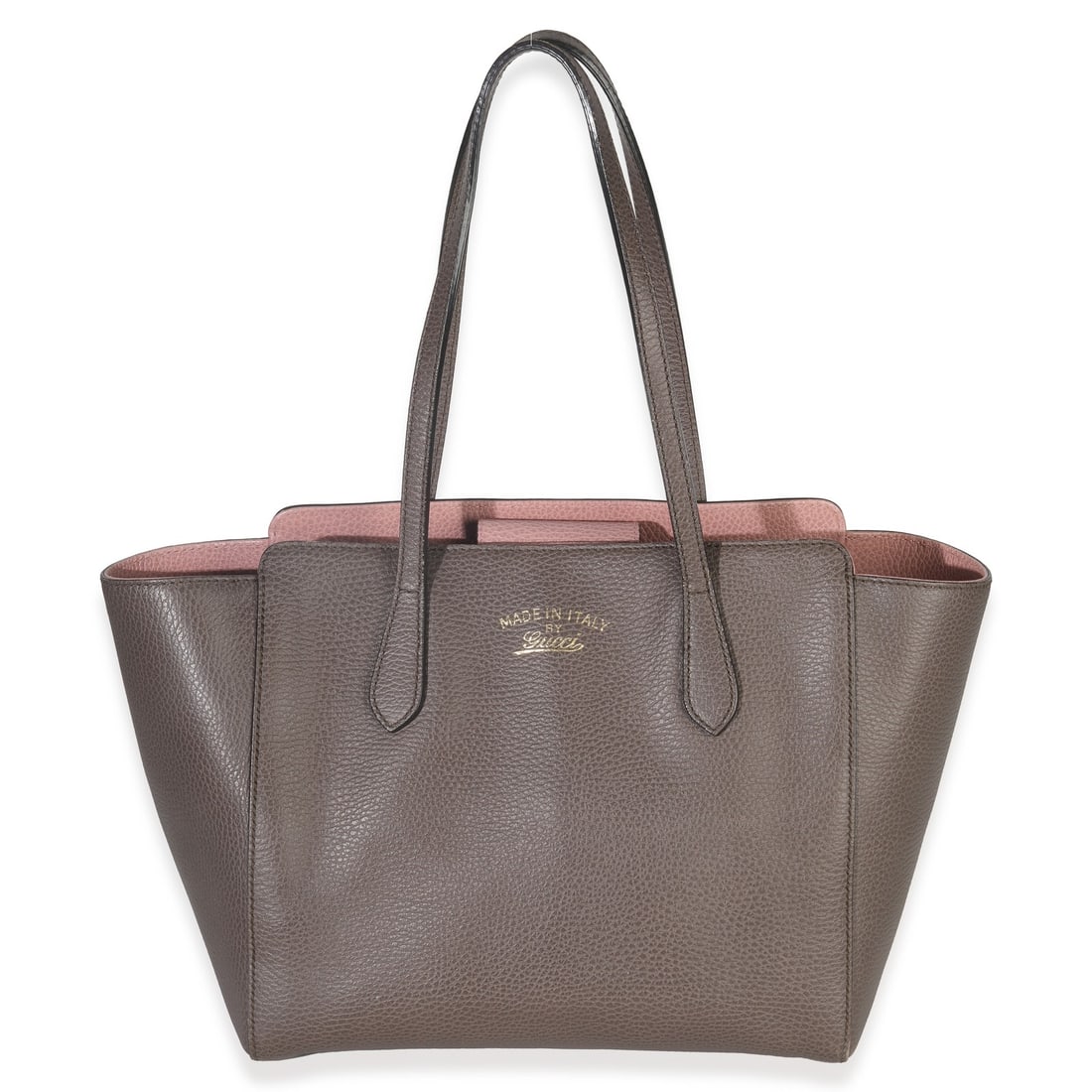 Gucci Swing Tote Pebbled Calfskin Gray Medium: Gucci Swing Tote Pebbled Calfskin Gray Medium This Gucci Pink Grey Pebbled Calfskin Medium Swing Tote is crafted from pebbled leather in a sophisticated gray hue with a pink undertone. The tote featur