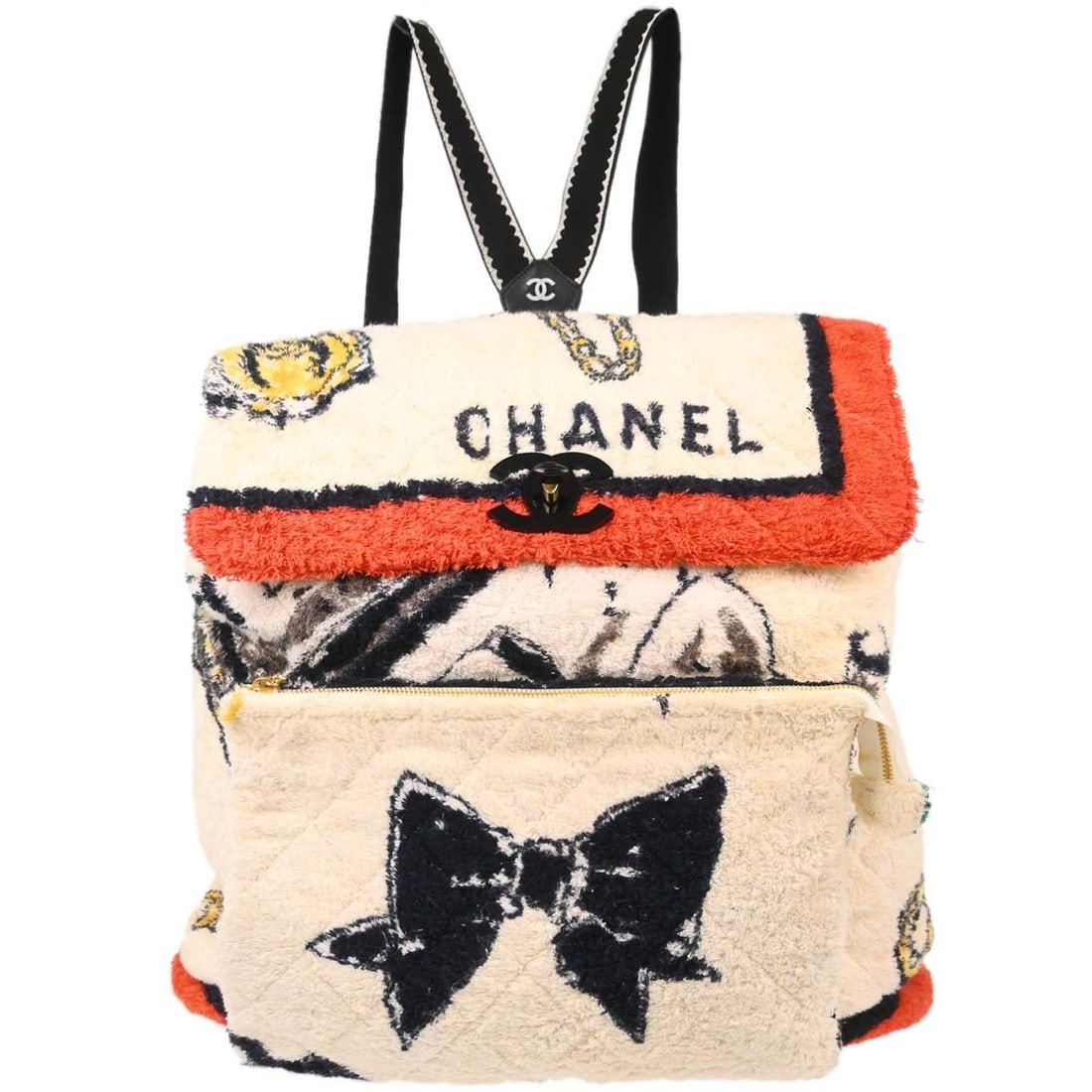 Large White Terry Cloth Backpack from Chanel 1994 Quilted Collection: Large White Terry Cloth Backpack from Chanel 1994 Quilted Collection This Chanel backpack from the '94 Collection features a white terry cloth exterior with black and white handles or straps. Designed