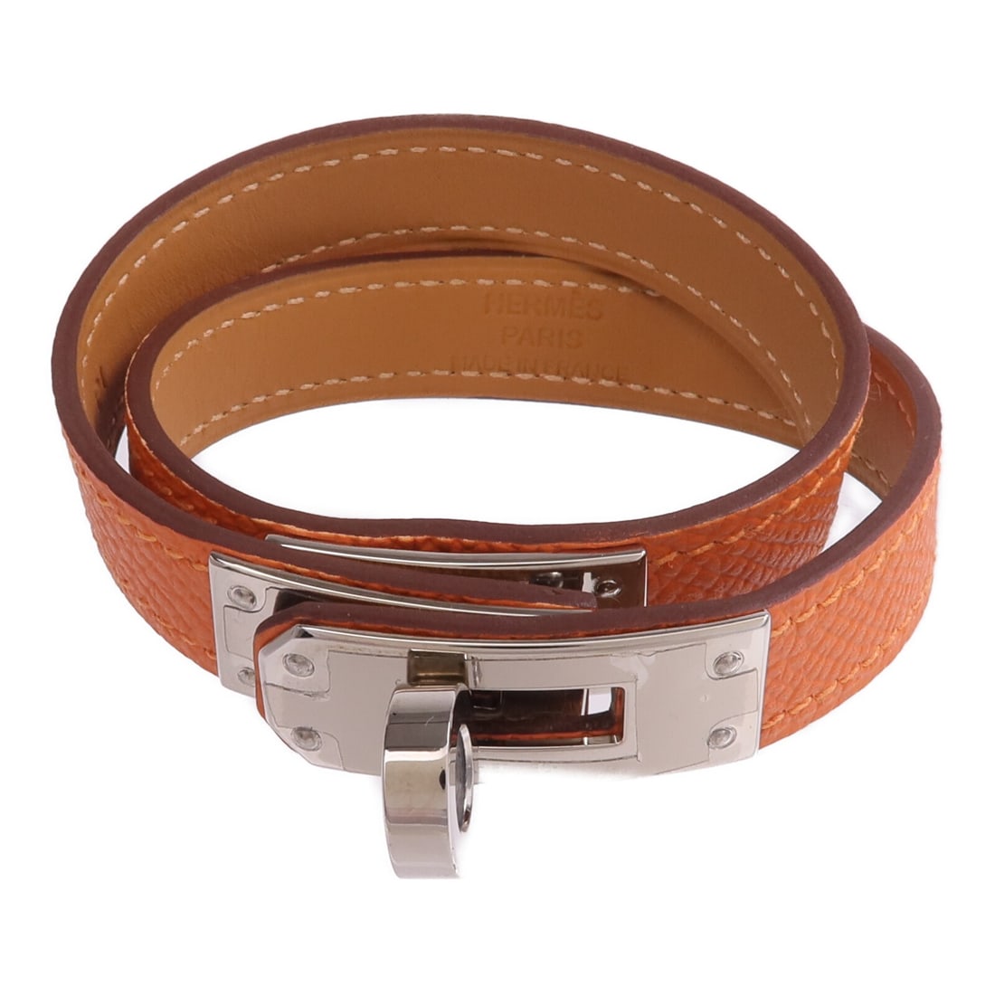 Kelly Double Tour Orange Calfskin Bracelet with Palladium by Hermes: Kelly Double Tour Orange Calfskin Bracelet with Palladium by Hermes This Hermes Kelly Double Tour bracelet features orange Epsom calfskin leather and is designed for women. The bracelet is in very goo