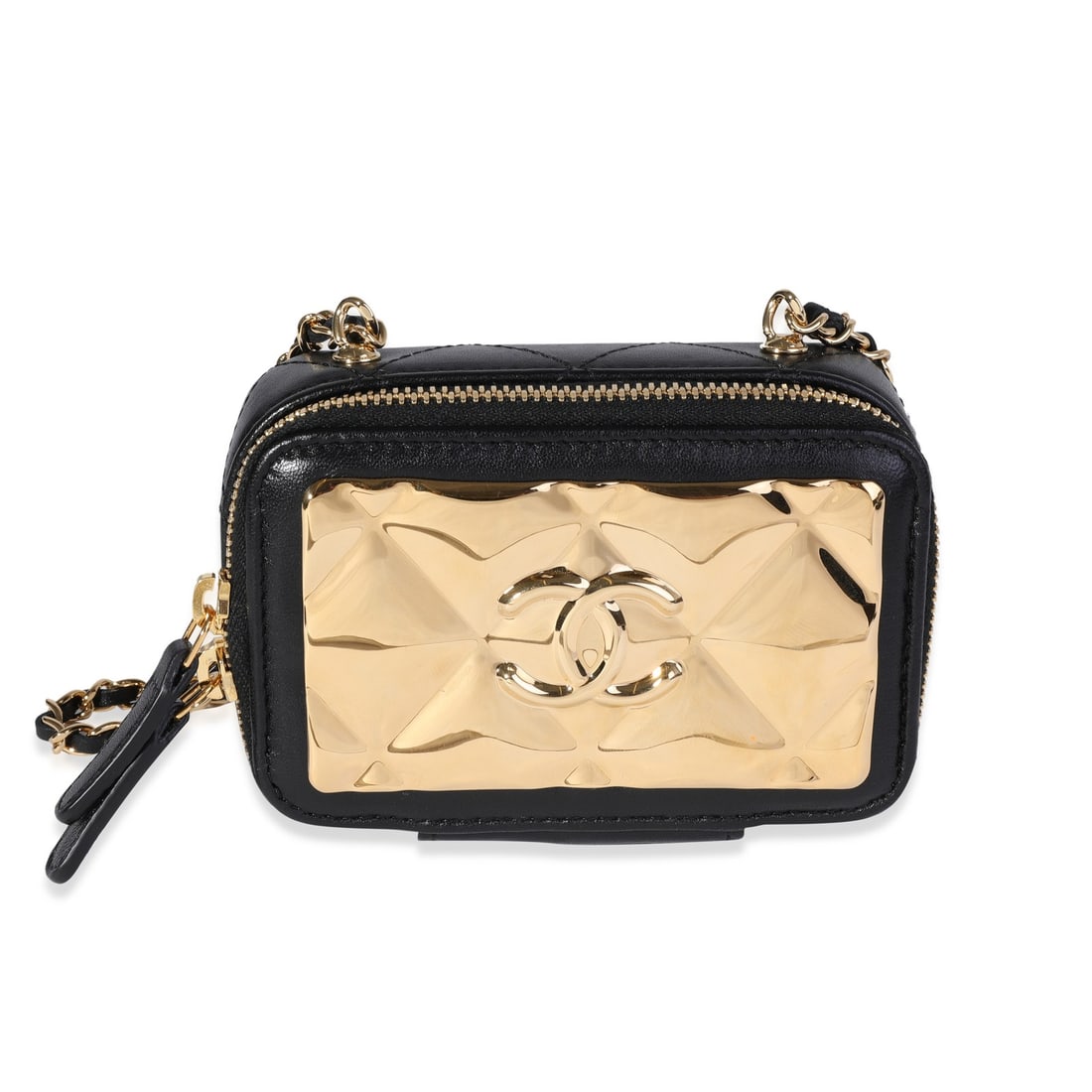 Chanel Mini Vanity Case Black Lambskin Gold Tone Hardware: Chanel Mini Vanity Case Black Lambskin Gold Tone Hardware This Chanel Gold Quilted Metal & Black Lambskin Mini Vanity Bag is a stylish and versatile accessory crafted from luxurious black lambskin lea