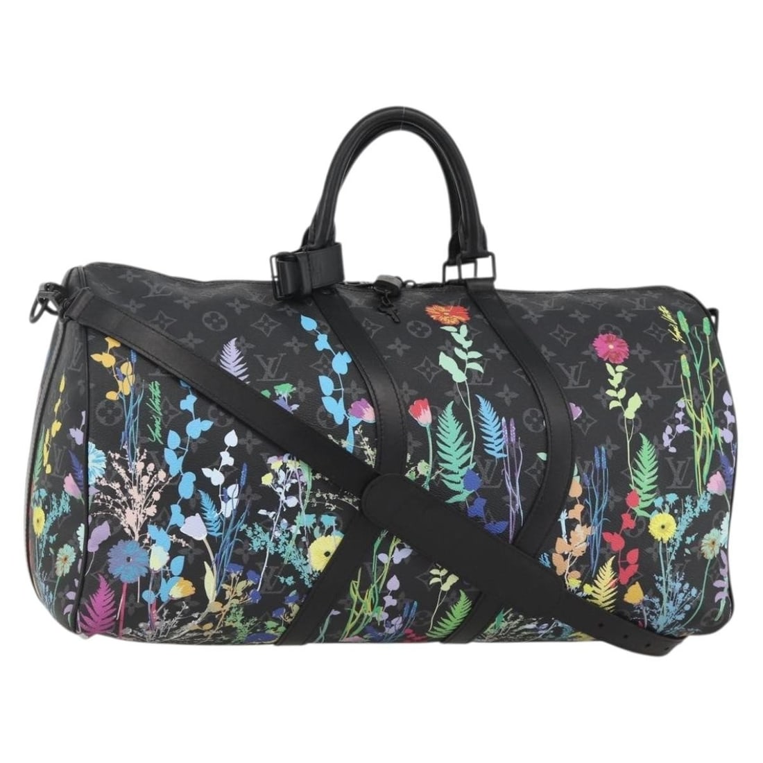 Keepall Bandouliere 50 Monogram Eclipse Canvas Boston Bag with Floral Accent: Keepall Bandouliere 50 Monogram Eclipse Canvas Boston Bag with Floral Accent This Louis Vuitton Keepall Bandouliere 50 Boston Bag in Monogram Eclipse Canvas features a sleek floral design, offering bo