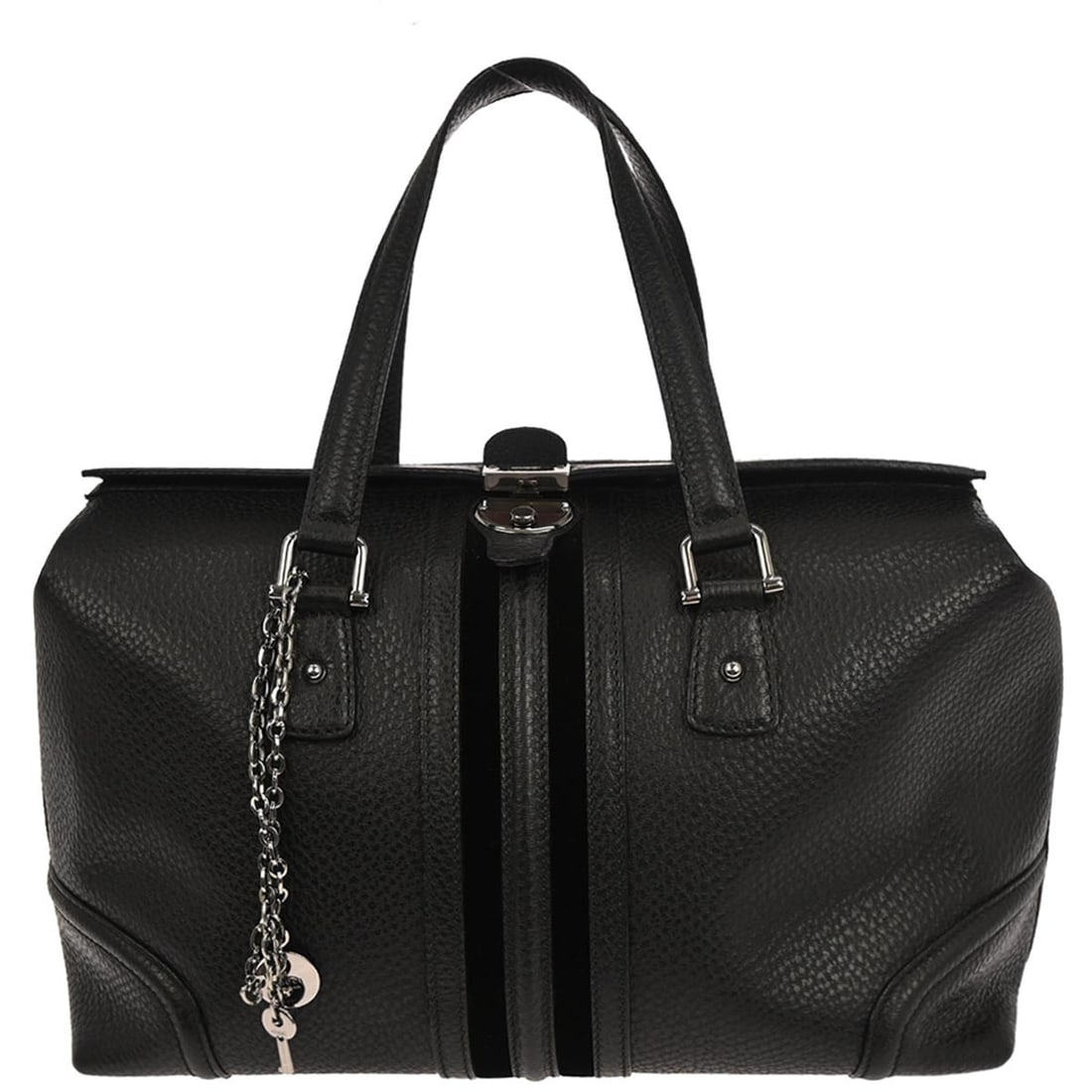 Large Gucci Sherry Line Black Leather Treasure Duffle Bag Double Handles: Large Gucci Sherry Line Black Leather Treasure Duffle Bag Double Handles This Gucci Sherry Line Treasure duffle handbag is crafted from black leather and features double handles in a silver color. Des