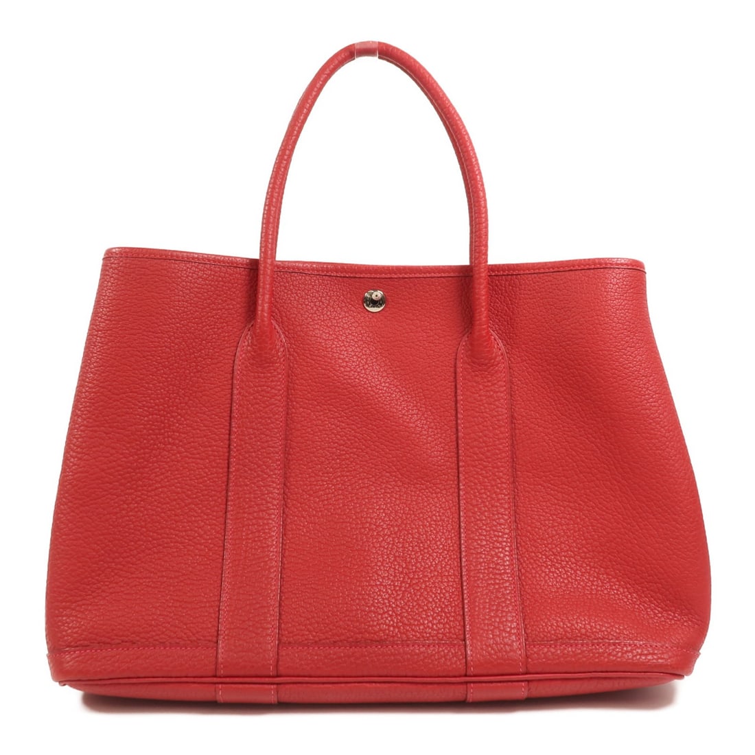 Hermes Garden Party PM Red Calfskin Tote Bag PHW: Hermes Garden Party PM Red Calfskin Tote Bag PHW This Hermes Garden Party PM tote bag is crafted from high-quality calfskin leather in a rich red hue, known as Rouge Piment. The bag features palladium