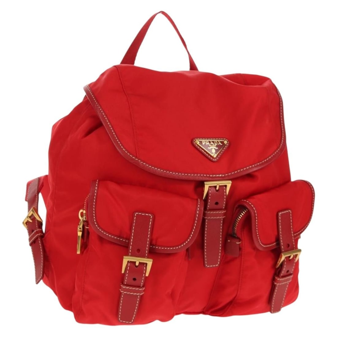 Prada Vela Red Nylon Backpack with Double Front Pockets and Saffiano Trim: Prada Vela Red Nylon Backpack with Double Front Pockets and Saffiano Trim This Prada Vela Double Front Pocket Backpack is crafted from durable red nylon with Saffiano leather accents. Designed for wom