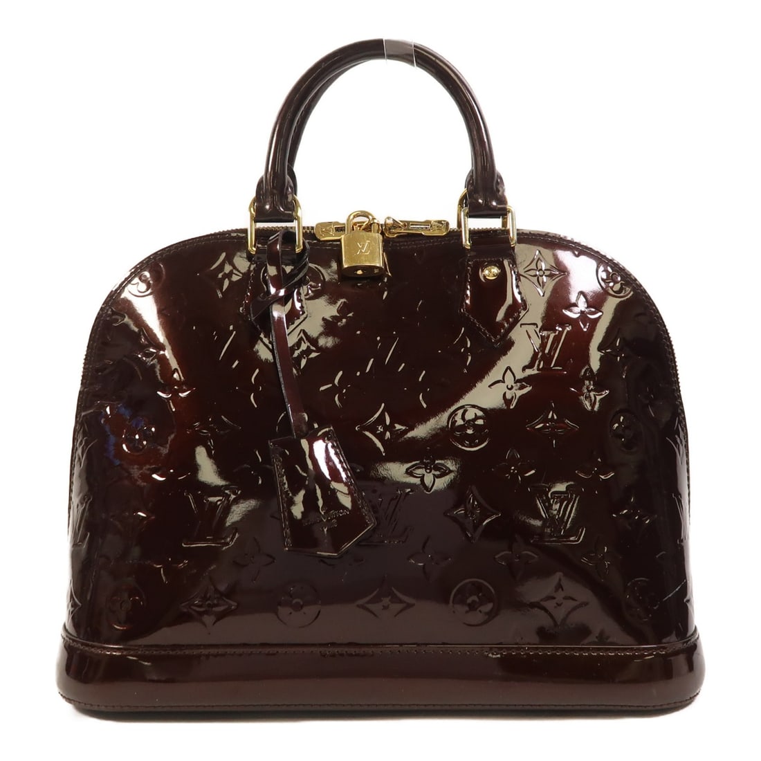 Louis Vuitton Alma PM Monogram Vernis Burgundy Handbag GHW: Louis Vuitton Alma PM Monogram Vernis Burgundy Handbag GHW This Louis Vuitton Alma PM handbag features the iconic Monogram Vernis enamel in a rich burgundy red. Designed for women, the bag offers a st