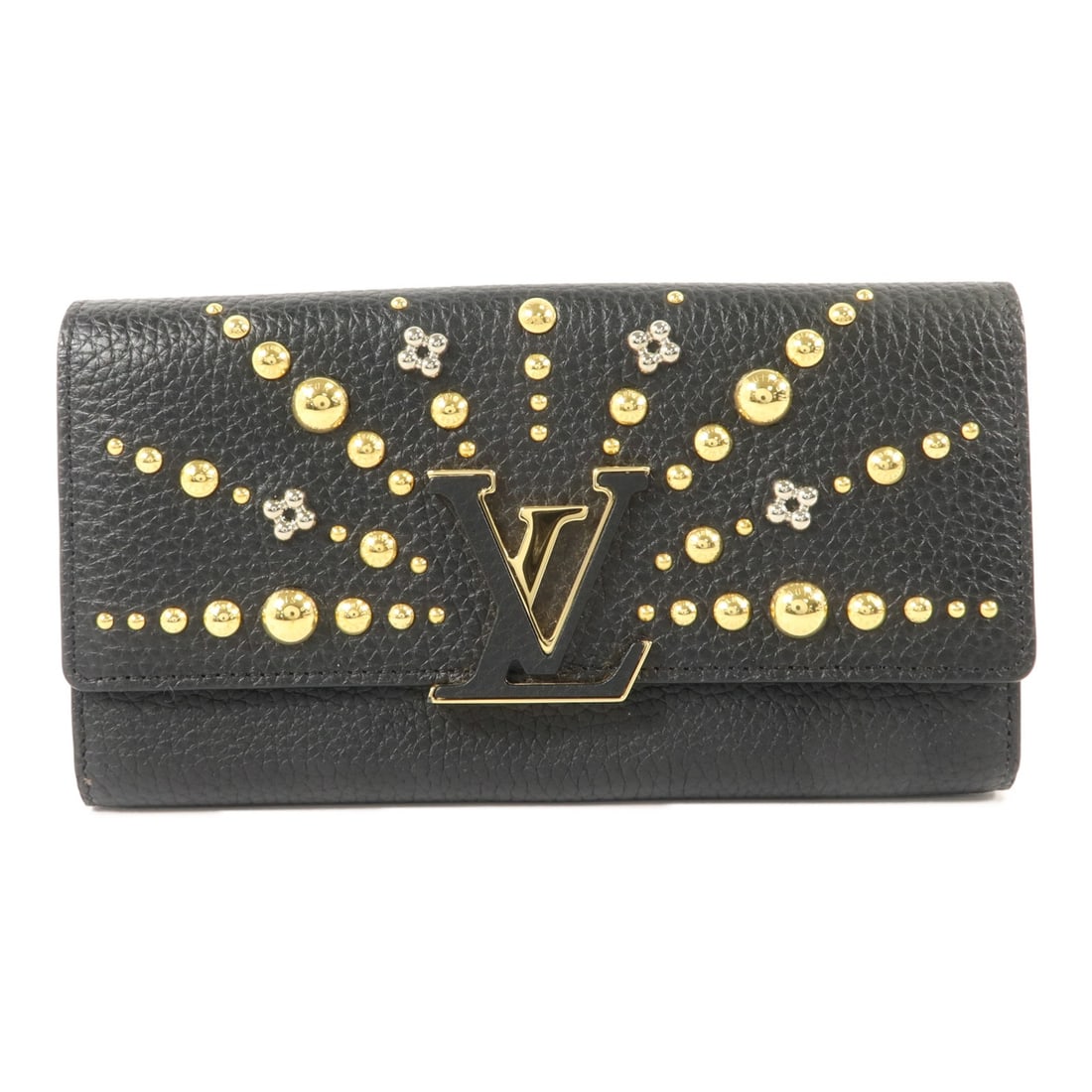 Louis Vuitton Capucines Wallet Studded Taurillon Black GHW: Louis Vuitton Capucines Wallet Studded Taurillon Black GHW This Louis Vuitton Capucines wallet features a black Taurillon calfskin exterior adorned with gold-tone studded accents. Designed as a bifold