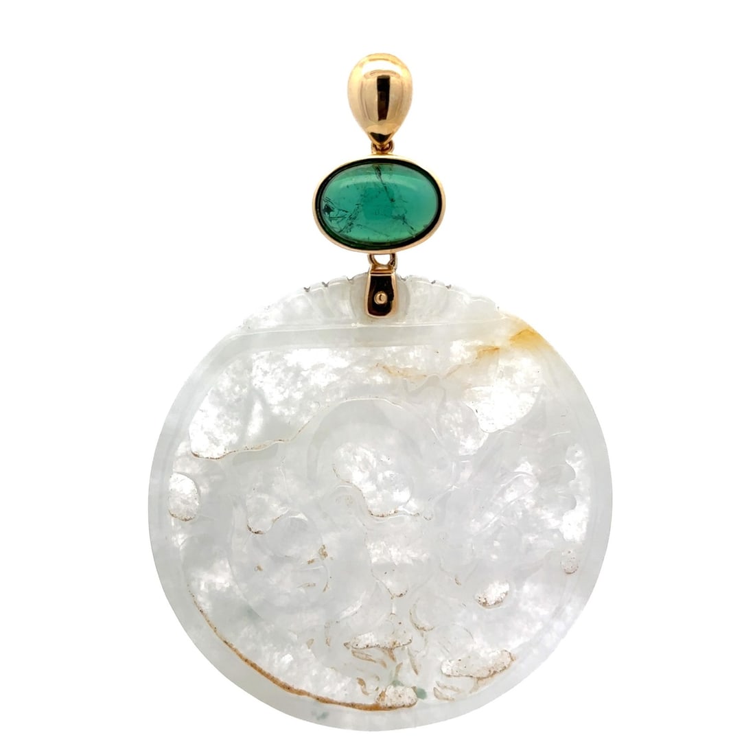 GIA certified jade pendant with tourmaline 18k yellow gold bail: GIA certified jade pendant with tourmaline 18k yellow gold bail This striking pendant features a large, dual-sided carved natural jadeite jade centerpiece, certified by GIA, with a semi-transparent, v