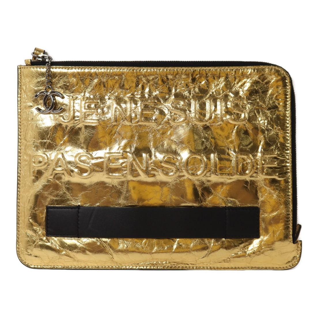 CHANEL Feministe Mais Feminine Lambskin Pouch Clutch Gold Black A82164: CHANEL Feministe Mais Feminine Lambskin Pouch Clutch Gold Black A82164 This CHANEL Feministe Mais Feminine pouch clutch is crafted from luxurious lambskin leather in a striking gold color. Designed fo