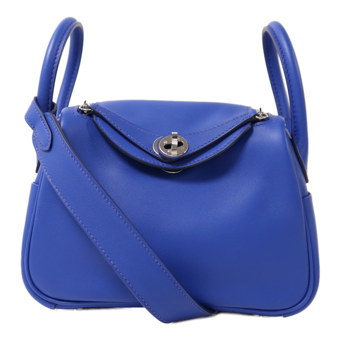 Hermes Mini Lindy Blue Calfskin Two Way Shoulder Bag with Palladium Hardware: Hermes Mini Lindy Blue Calfskin Two Way Shoulder Bag with Palladium Hardware This Hermes Mini Lindy 2-way shoulder bag is crafted from Veau Swift leather in a striking Bleu Royal and Menthe color comb