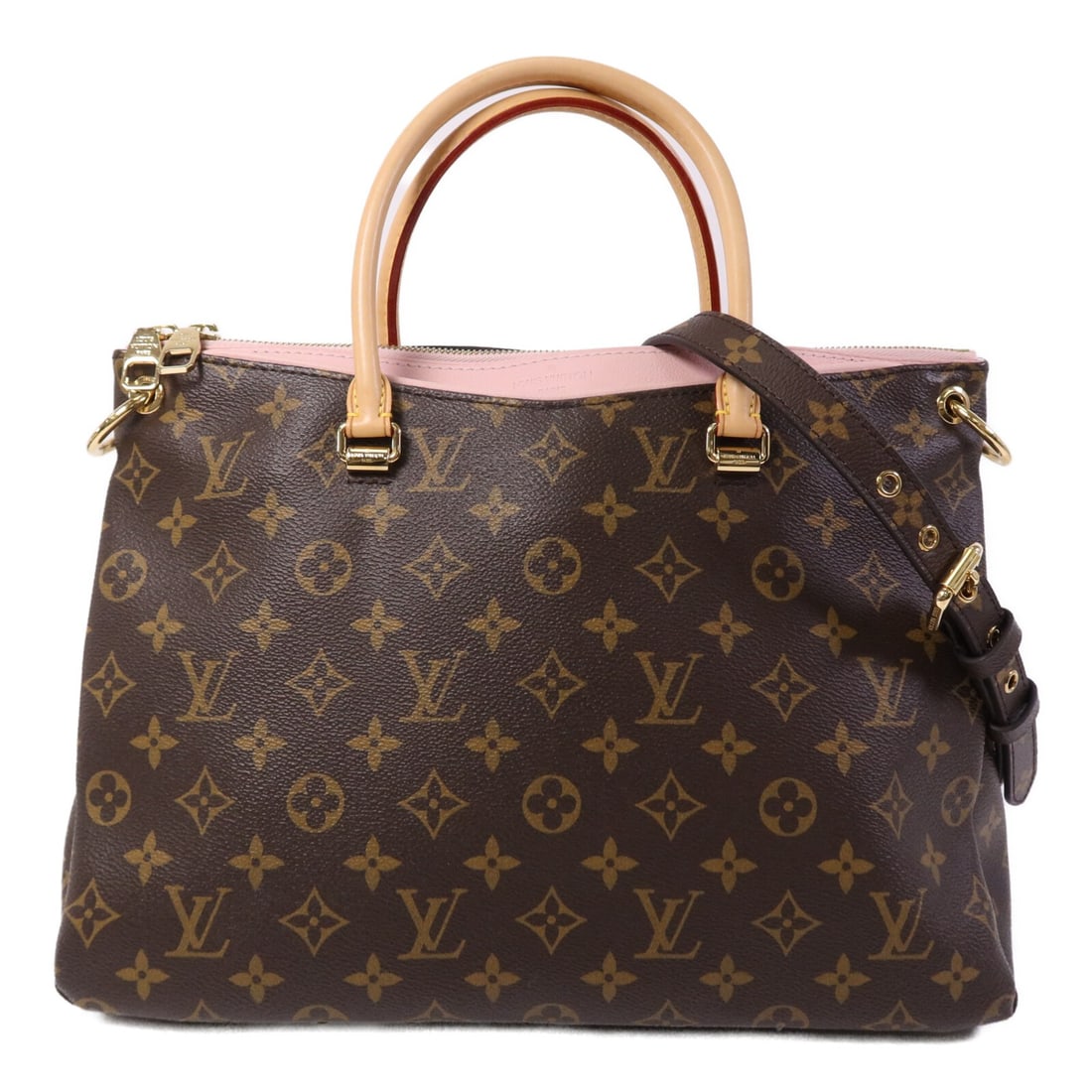 Louis Vuitton Pallas MM Brown Monogram Two Way Shoulder Bag M40468: Louis Vuitton Pallas MM Brown Monogram Two Way Shoulder Bag M40468 This Louis Vuitton Pallas MM 2-way shoulder bag features the signature Monogram brown PVC coated canvas and gold tone hardware. Desig