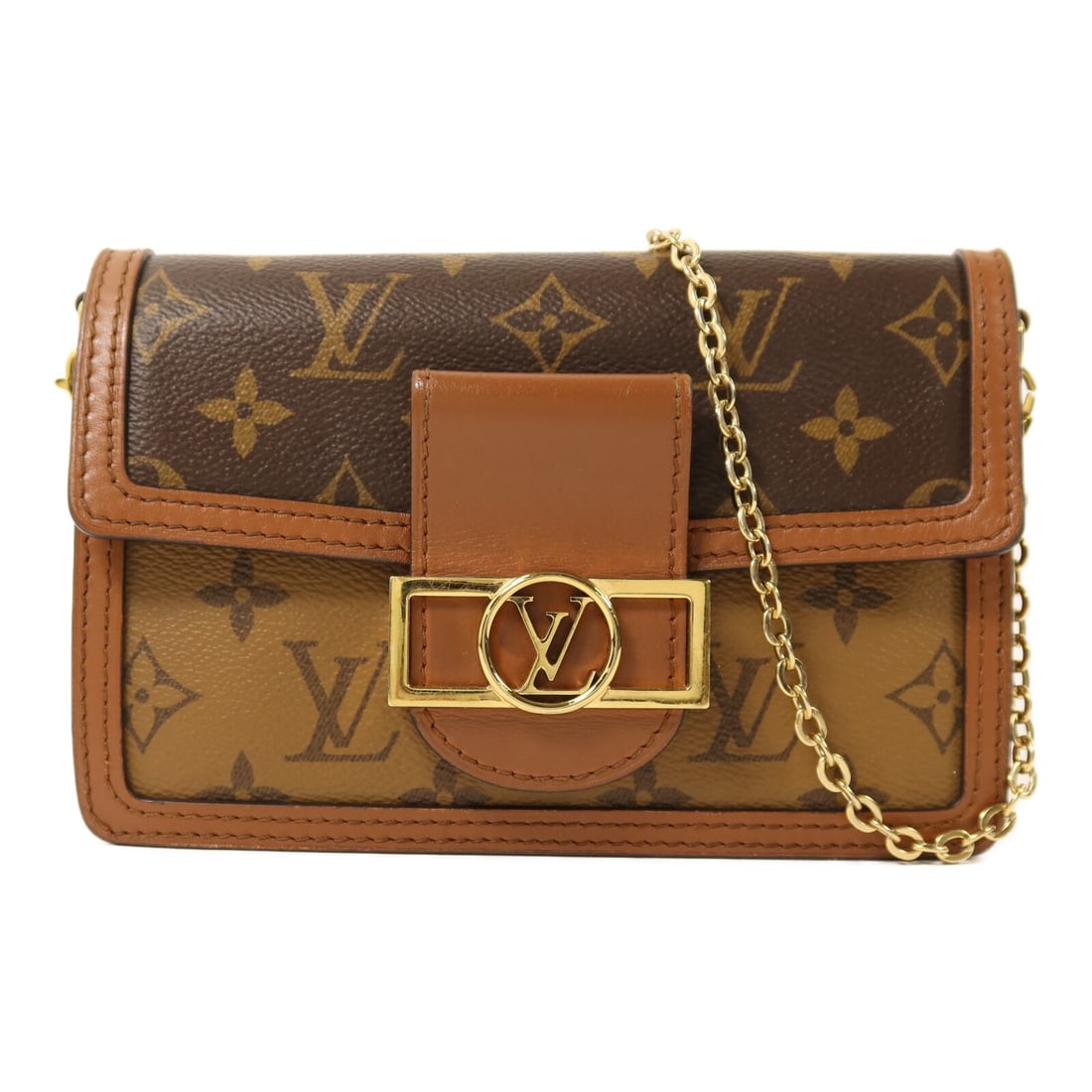 Louis Vuitton Dauphine Monogram Reverse Shoulder Bag M68746 with Gold Hardware: Louis Vuitton Dauphine Monogram Reverse Shoulder Bag M68746 with Gold Hardware The Louis Vuitton Dauphine chain shoulder bag features a monogram reverse design in brown PVC coated canvas. This stylish