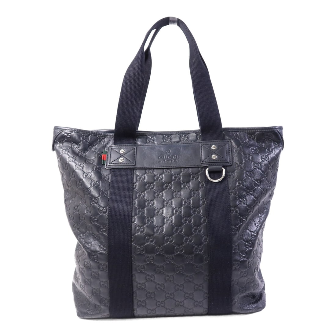 Black Calfskin Gucci GG Tote Bag with Silver Hardware: Black Calfskin Gucci GG Tote Bag with Silver Hardware This GUCCI GG tote bag is crafted from black calfskin leather and features a spacious design suitable for daily use. Designed for both men and wom